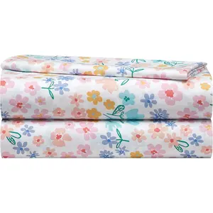 3-Piece Kids Twin Sheet Set Ditsy Floral Multi-Color Print Includes Top Sheet Fitted Sheet & Pillowcase Soft Microfiber Bedding for Girls Bedroom