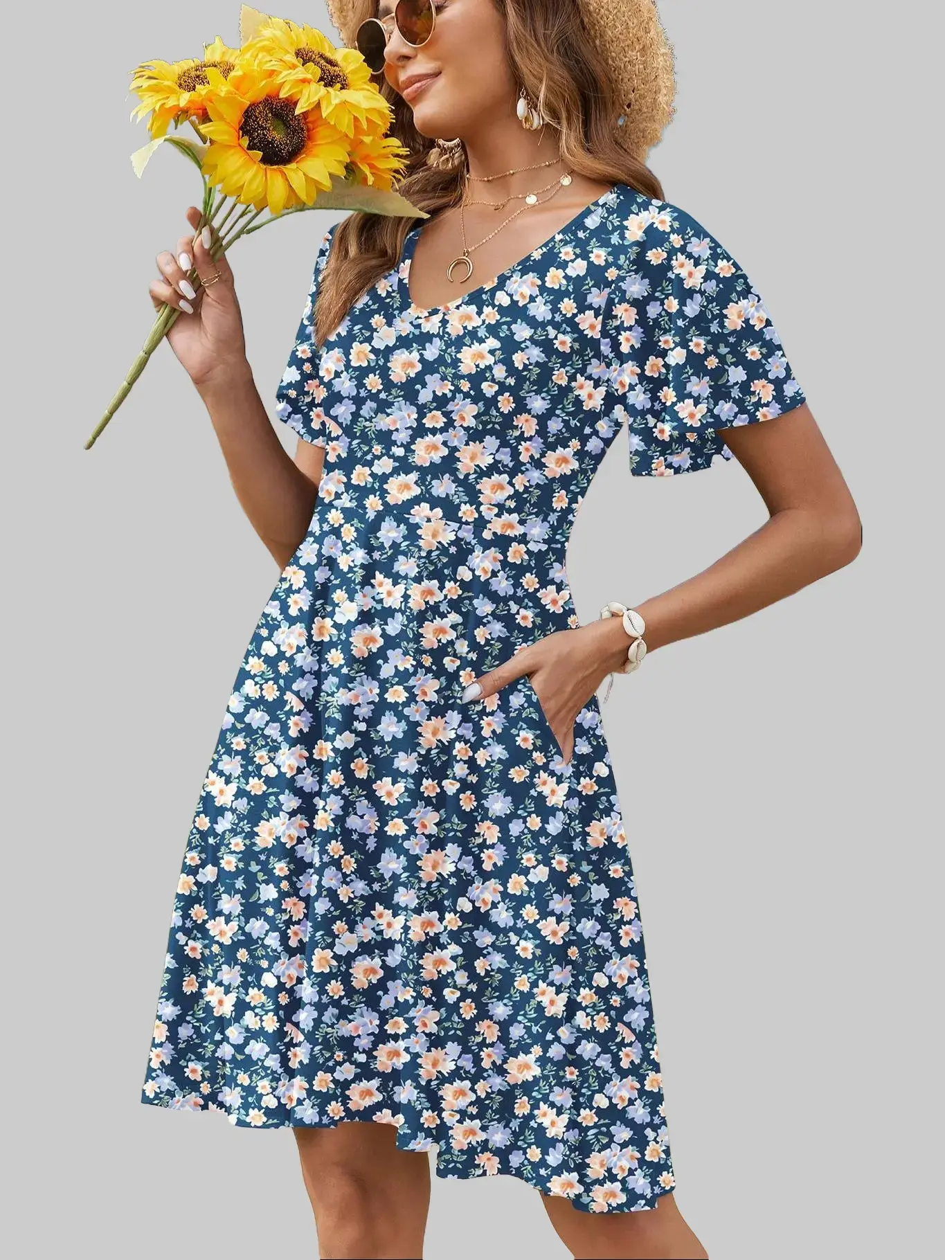 ZEAGOO Women's Summer Dress Casual Swing Floral Ruffle Short Sleeve Sundresses Beach Mini A-line Shift Dress with Pockets