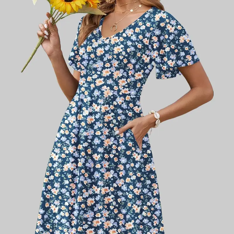ZEAGOO Women's Sundress Casual Beach Ruffle Floral V-Neck Flutter Sleeve Pleated A-Line Dress with Pockets, Soft Breathable Thick for Summer Party,sohochic