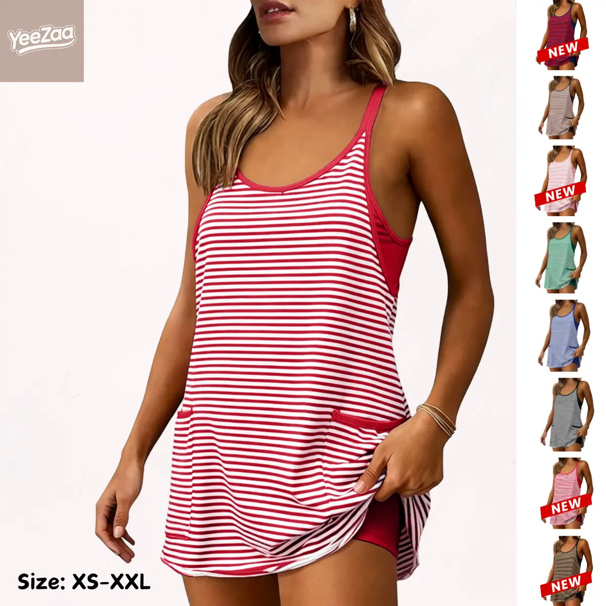 YeeZaa Women's Striped Tennis Dress 4th of July Holiday with Built-in Shorts Sleeveless V Neck Mini Athletic Workout Romper Summer Casual Vacation Outfit summerwins