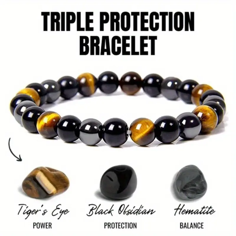 Triple Protection Hematite, Tiger Eye & Black Obsidian Beaded Bracelet - Non-natural Crystal Jewelry for Adults with a Durable Magnetic Clasp for Spiritual Balance, Non-Natural Crystal Bracelets & Anklets, Energy Healing, No, Unisex, Tiger's Eye, Artifici