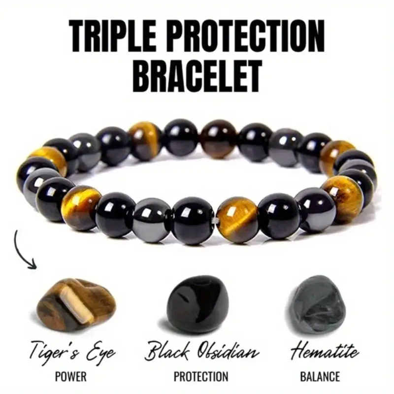 Unique Triple Protection Energy Healing Bracelet - Attractive Hematite, Tiger Eye & Black Obsidian Gemstones - Durable Magnetic Clasp - Unisex Spiri