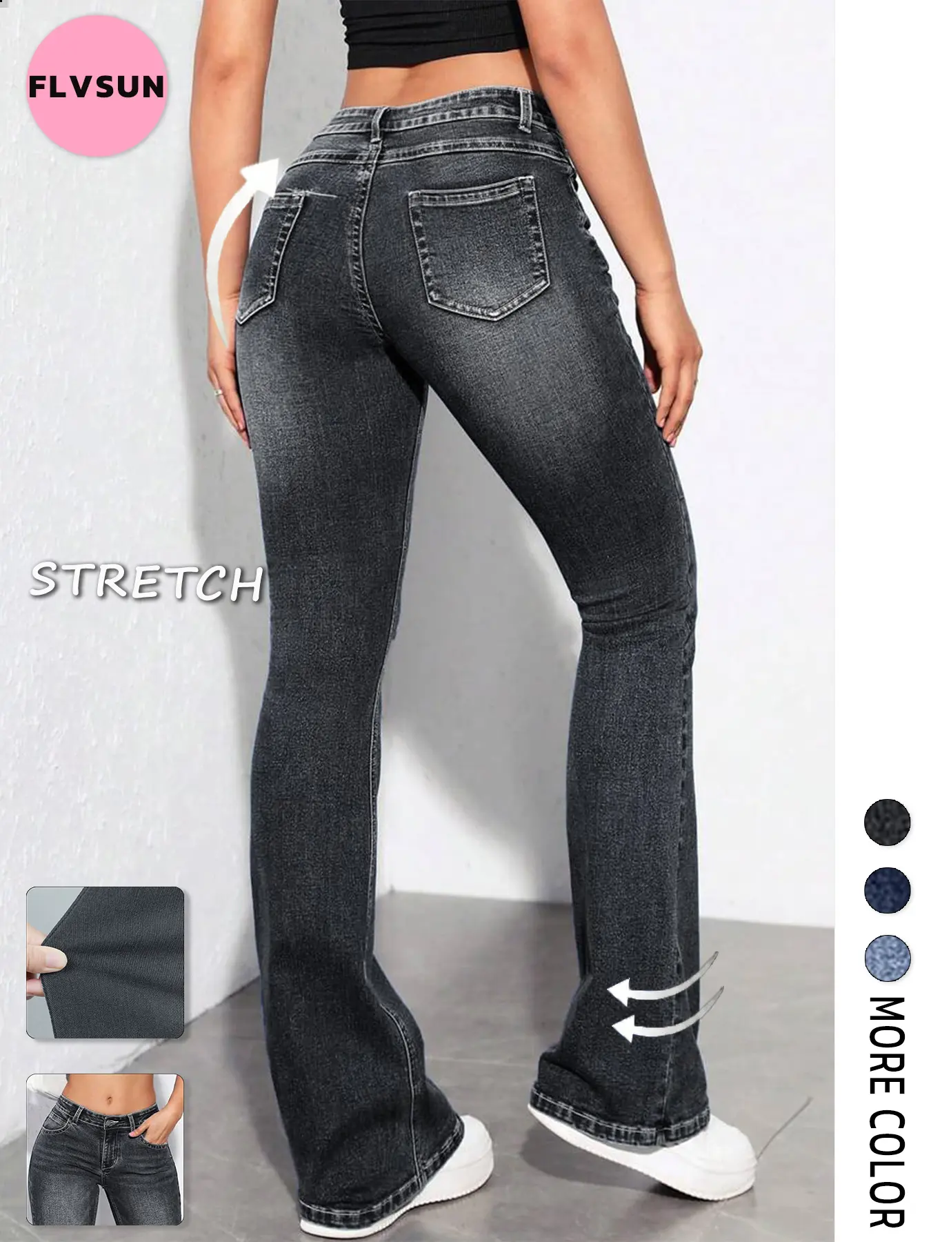 Flvsun Women's Low Rise Boot Cut Jeans - Stretchy Plain Denim Bottoms, Slim Fit, Button Closure, Casual Pockets, Booty Lifting, Body-Shaping Streetwear, Polyester, Minimalist, Basic, Machine Washable for Spring, Fall, Outdoors, Low Rise Jeans, Flare Pants