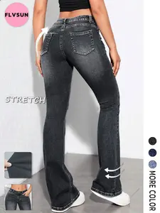 Flvsun- Women's Plain Low Waist Bell Bottom Jeans , Fashion Trendy Slim Fit Casual Pocket Denim Pants for Everyday Daily Outdoor Wear, Jeans for Women, Ladies Bottoms for Spring & Fall, Streetwear, Basic Womenswear, Stretchy Jeans