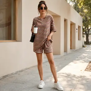 Soft Striped Knit 2 Piece Set Casual Oversized Tee & Shorts Daily Holiday Wear