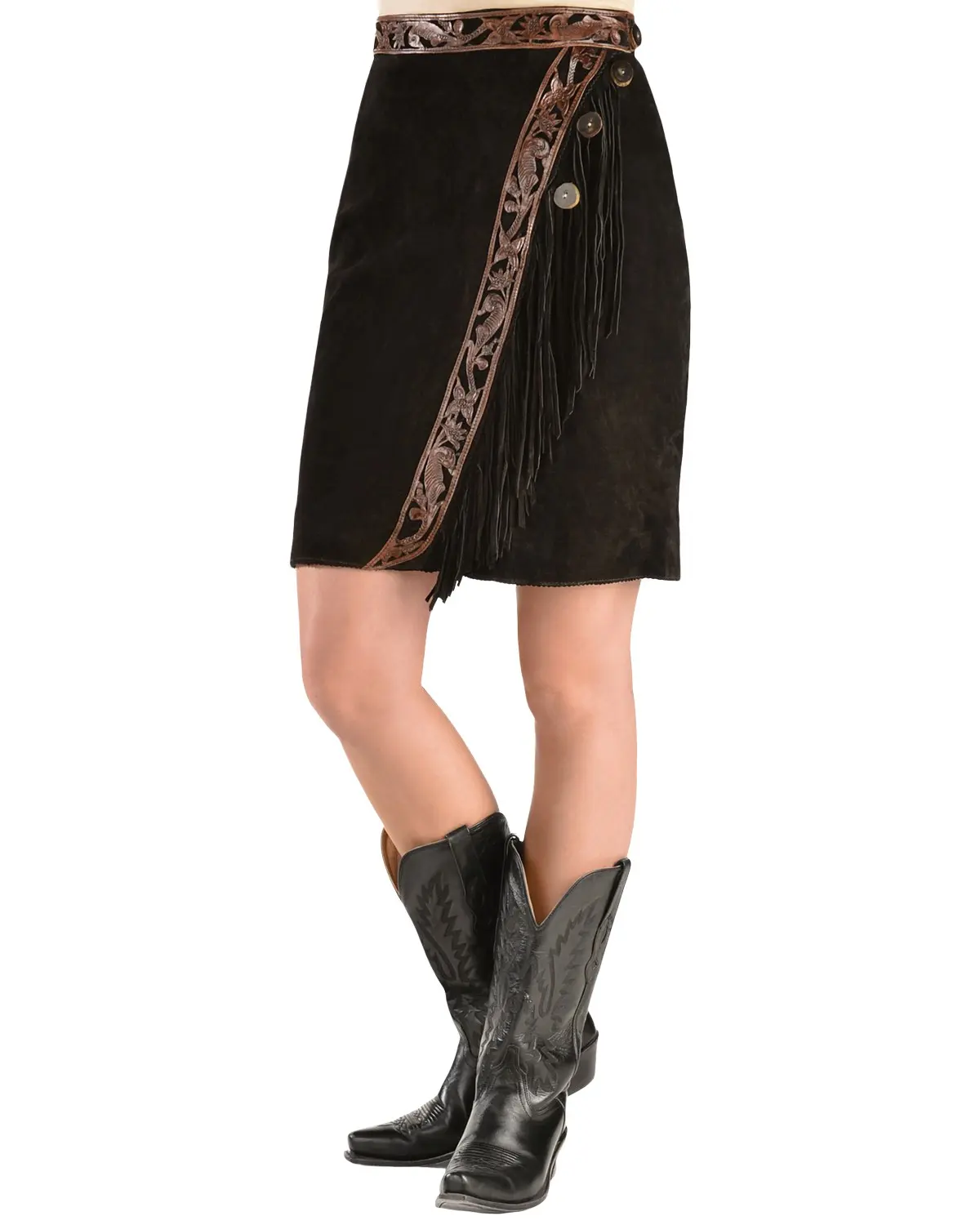 Kobler Leather Women's Women'S Tooled And Fringe Sedona Suede Skirt - Sedona Blk