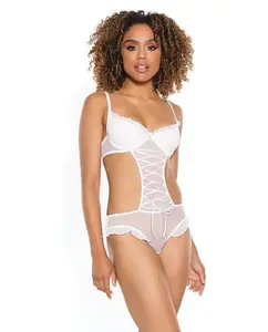 Stretch Mesh Ruffled Crotchless Teddy White