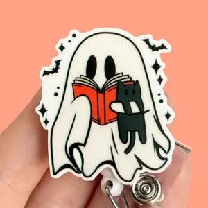 Glitter My Badge Halloween ghost cat reading badge reel for nurse and hospital workers. Badge clip Badge pull - Retractable swivel clip with a 360 rotation. Great gift for coworker. Labor and delivery badge reel. Encouraging