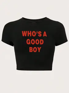 Women's "WHO'S A GOOD BOY" Slogan Print Round Neck Crop Tee, Fashion Casual Chic Minimalist Crew Neck T-shirt for Daily Holiday Vacation Outdoor Wear, Ladies Clothes for Summer