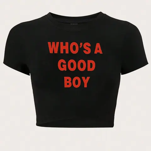 Women's "WHO'S A GOOD BOY" Slogan Print Round Neck Crop Tee Fashion Casual Chic Minimalist T-shirt Casual Cropped Tees for Daily, Holiday, Vacation & Outdoor Wear, Ladies Summer OOTD Top