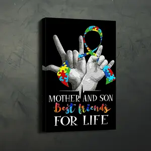 Autism Awareness Mother and Child-'Best Friend of Life' Canvas Mural, Wood Frame Decorative Painting Suitable for Living Room and Bedroom Decoration, Perfect Gift, Can Be Hung Directly, Suitable for Room Decoration-Covered Canvas, Wall Art Decor