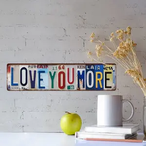 2D Flat, 1pc 16*4in Aluminum "LOVE YOU MORE" License Plate Collage Metal Sign.Vibrant Mixed-Letter Design, Pre-drilled Holes, Suitable for Living Room, Porch, Anniversary Gift.Durable Weather-Resistant Decor, Sweet Gift for Couples outdoor plaque