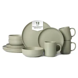 12-Piece Stoneware Dinnerware Sets with Mugs | Microwave & Dishwasher Safe | FDA Certified Non-Toxic Dinner Plates Bowls Set | Stackable Matte Glaze Kitchenware for 3