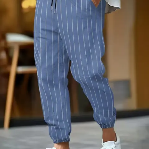 Men's Striped Linen Pants, Breathable Comfy Trouser, Soft Breathable Summer Loose Fit, Fashion Casual Vintage Japanese Style, Elastic Waistband, Striped Trousers, Multiple Sizes & Colors
