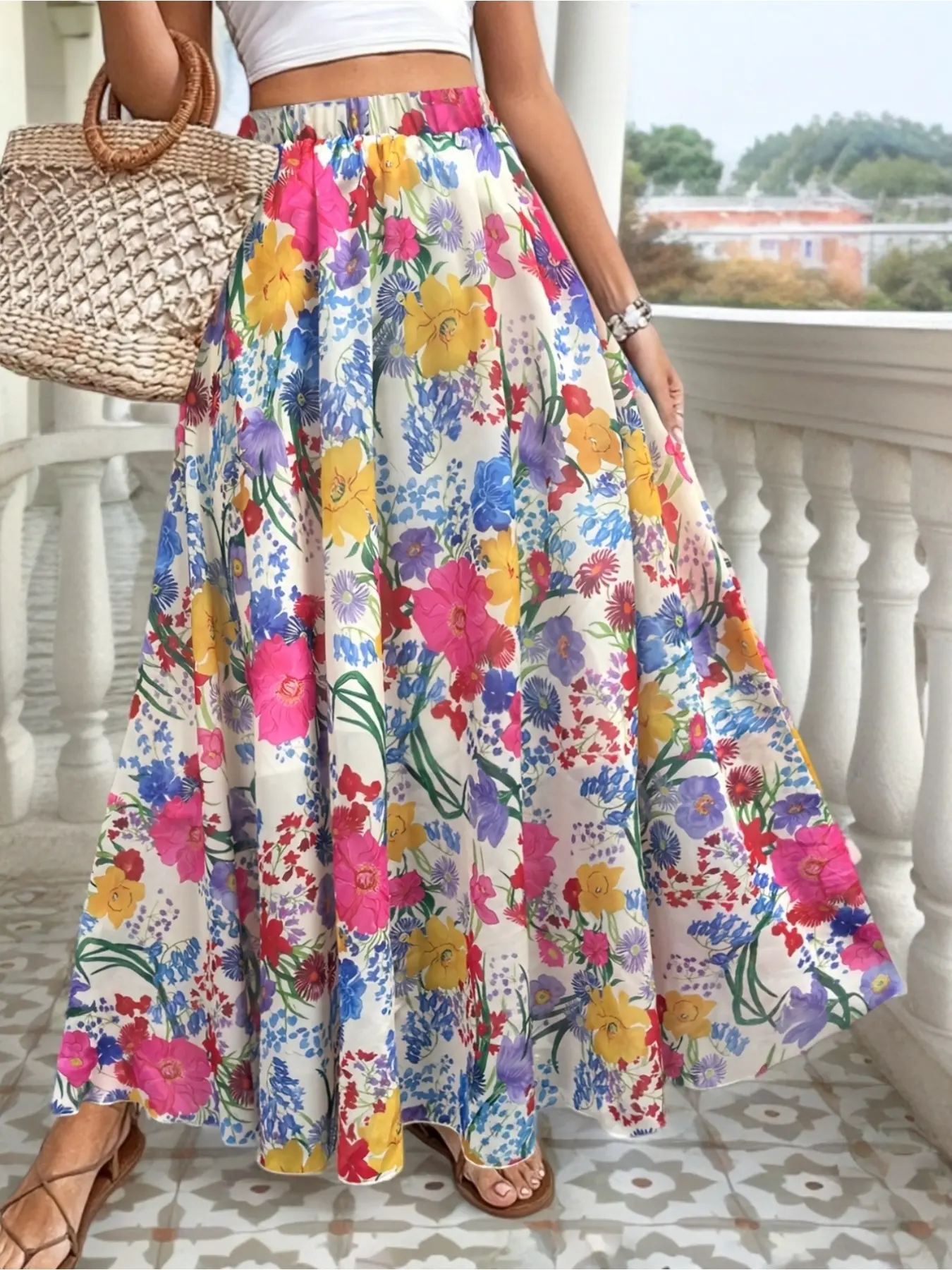 Fashionable Bohemian Style Long Maxi Skirt with Floral Prints for Summer Vacations, Designed for Women