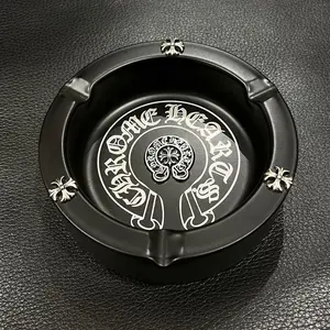 Gothic Cross Embossed Round Ashtray, Vintage Old English Letter Desktop  Accessory
