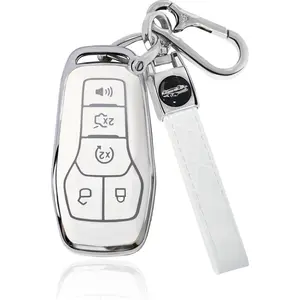 for Ford Key Fob Cover with Keychain, Soft TPU Key Fob Cover Case Shell Compatible with Ford Mustang Fusion F150 Explorer Edge Lincoln MKC MKX MKZ 5 Button Smart Remote Holder (White)