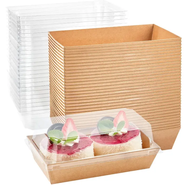 50 Packs Paper Charcuterie Boxes with Clear Lids, Disposable Sandwich Containers, Small Kraft Bakery Treat Boxes for 2 Cupcakes, Muffins, Hot Cocoa Bombs, Strawberries, To Go Desserts Boxes
