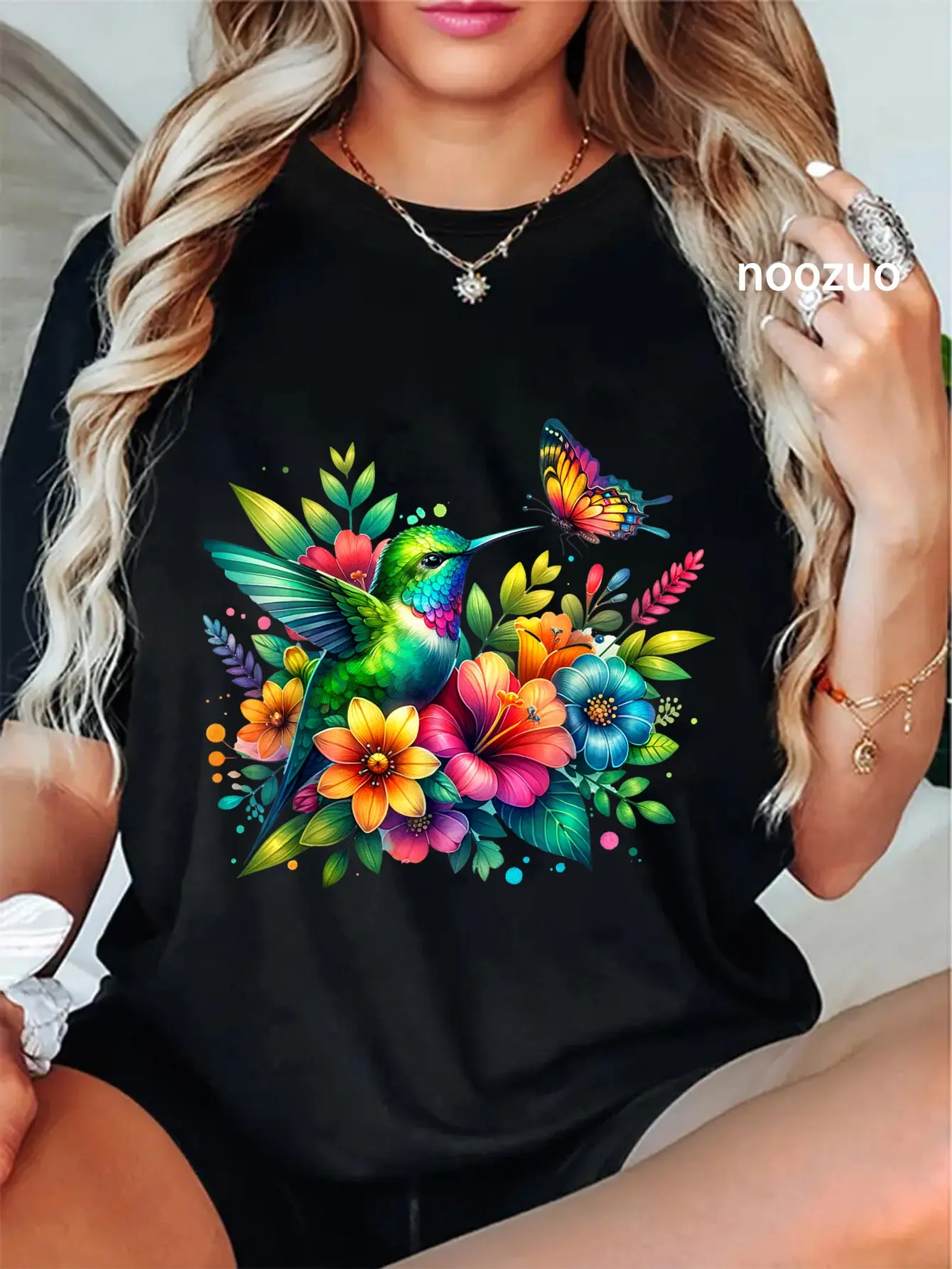 Women's Vintage Graphic T-Shirt with a Whimsical Watercolor Hummingbird & Floral Print, 100% Cotton Casual Everyday Streetwear Round Neck Top, Tshirt