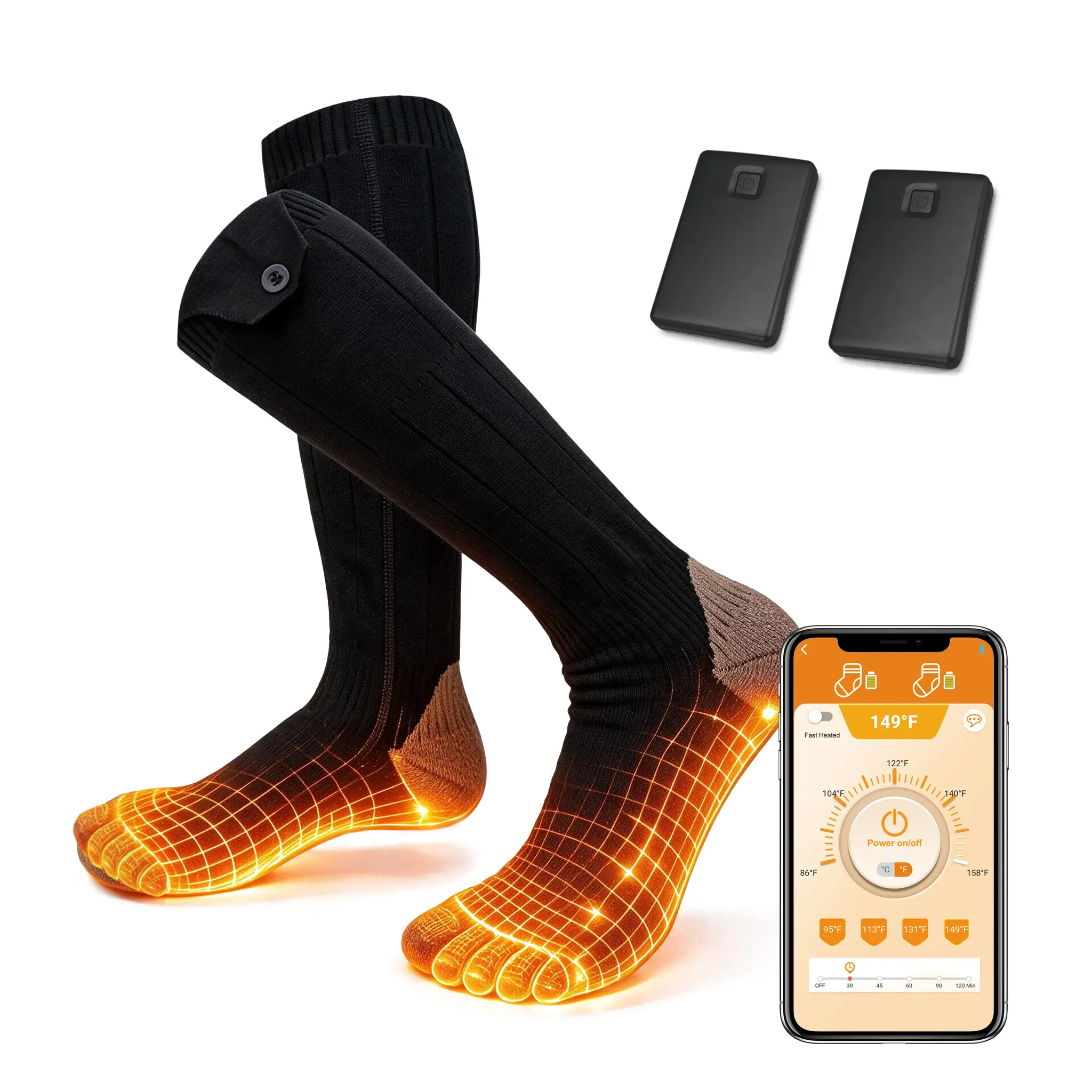 Heated Socks for Men Women Rechargeable 2x5000mAh 360° Full Foot Black APP Button Control 4 Heat Levels Washable Modal Soft Fabric for Hunting Camping Hiking Skiing(for 18 Years and Above)