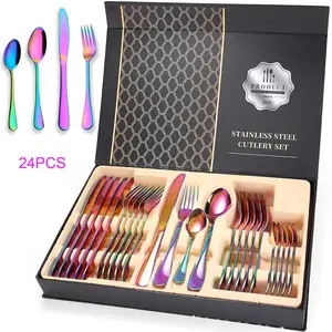Stainless Steel Colorful Silverware Set 24-Piece Iridescent Flatware Set for 6, Mirror Polished, Dishwasher Safe Multi-Colorful, Tea Spoons & Forks Cutlery Tableware