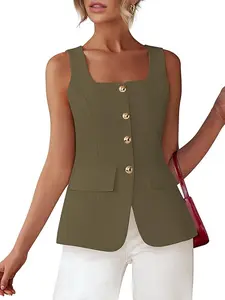 BTFBM Womens Sleeveless Vests Dressy Casual Square Neck Business Work Waistcoat Summer Button Up Blazer Vest Tops