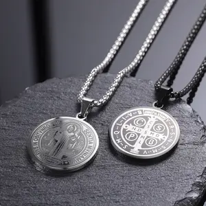 Protect us, Saint Benedict Round Pendant Titanium Cross Guardian Pendant Necklace Gift Necklace