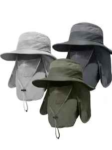 3Pack Mens Outdoor Sun Hat with Face Neck Flap UV Protection Wide Brim Fishing Hat for Hiking Safari Gardening UPF 50+
