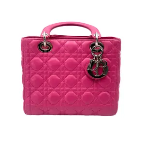 Pre-owned Dior Lambskin Shoulder Bags Medium Lady Pink Cannage Handle Bag With Silver Charms DR752