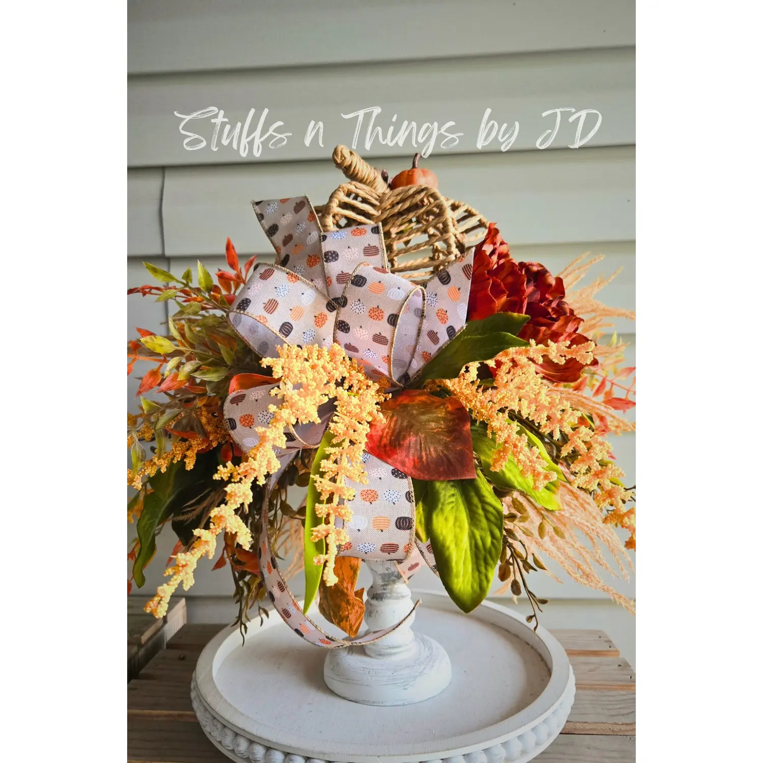 Fall Arrangement Pumpkin Candlestick – Rustic Autumn Farmhouse Table Centerpiece