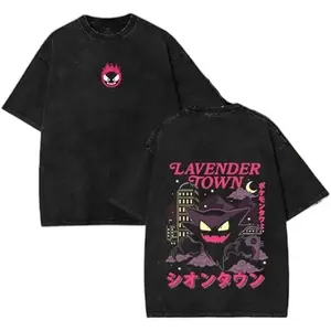 Unisex retro 90s PKM Lavender Town Ghost vintage washed graphic T-shirt, anime double-sided oversized heavy cotton streetwear top, comic fan merchandise gift kk34, crew neck T-shirt, unisex style