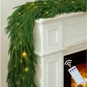 6Ft Christmas Norfolk Pine Garland Artificial Pre-Lit Garland with Lights for Mantle Fireplace Table Stair Real Touch Greenery Decorations DIY for Front Door Wall Window