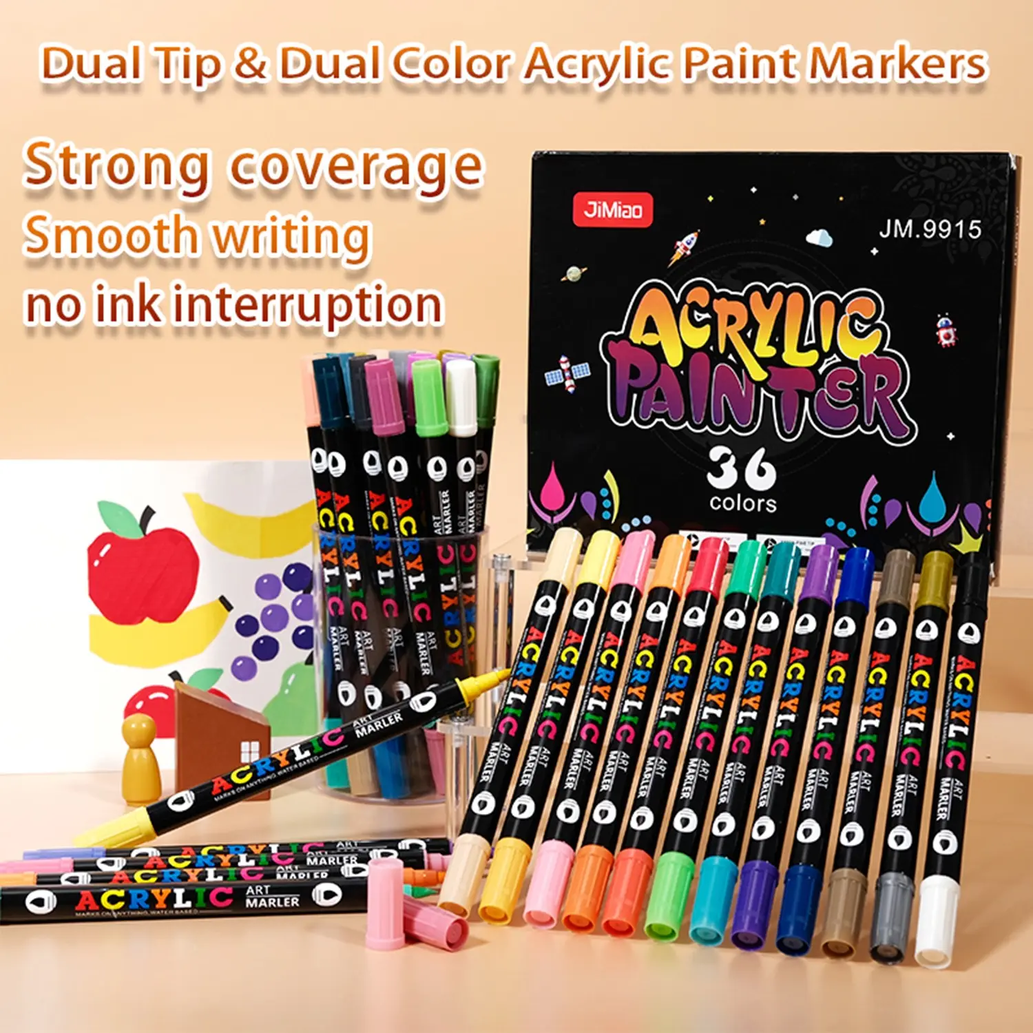 Jimiao Dual-Tip Acrylic Marker Pens, Adjustable Line Width, Waterproof, Fade-Resistant, Ideal for Paper, Glass, Canvas, Ceramics, 24/36/48 Colors