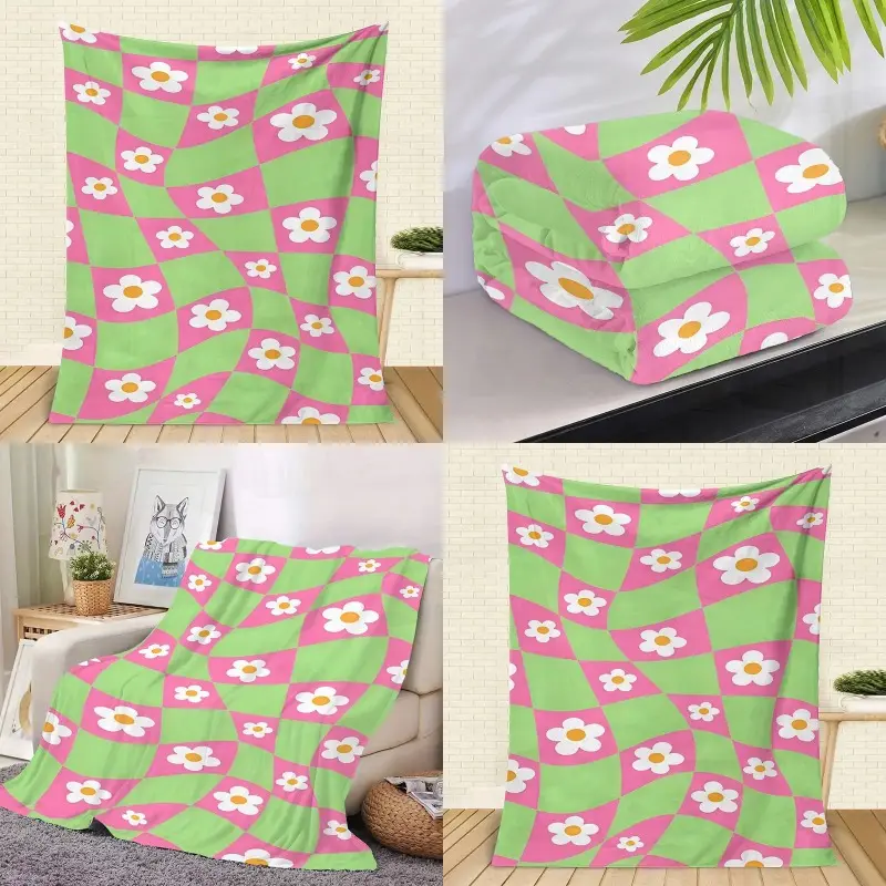 Cozy Chunky Knit Blanket with Elegant Design - Soft Throw for Dorm Office Camping and Home - hine Washable Green Pink Diamond Floral Pattern Tear Resistant All Season Blanket |  Friendly Drative Throw