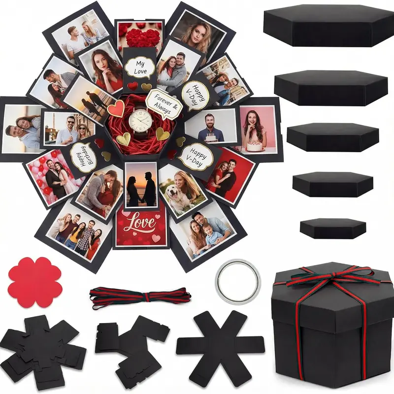 Preassembled Handmade Thick Cardstock Exploding Hidden Photo Album Box - Office Stationery, DIY Scrapbooking Accessories, Personalize Without Starting From Scratch, Dramatic Surprise Effect, Hidden Spaces, Birthday/Anniversary Gift for Him