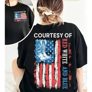 Courtesy Of Red White And Blue T-shirt,Western Cowboy Boot USA Flag Tee, America 250th Anniversary Patriot   White     good graphic  tees