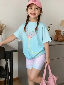 Exquisite summer party and outdoor wear for girls, dreamy mermaid sequin print set, ethereal sequin design short-sleeve top and shorts, ages 2-10, soft and comfortable fabric, machine washable