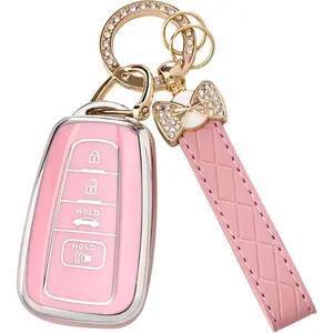 New Upgrade for Toyota Key Fob Cover - Soft TPU Case Compatible with 2018-2024 RAV4 Camry Avalon Corolla Highlander C-HR Prius Corolla GT86 with Bling Keychain (Pink)