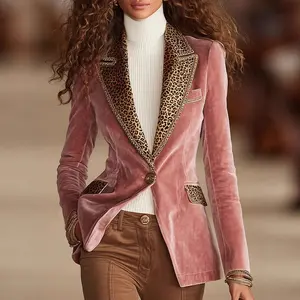 Women's Velvet Blazer, Leopard Print Patchwork Turn-Down Collar Slim Fit Casual Commuter Blazer Top