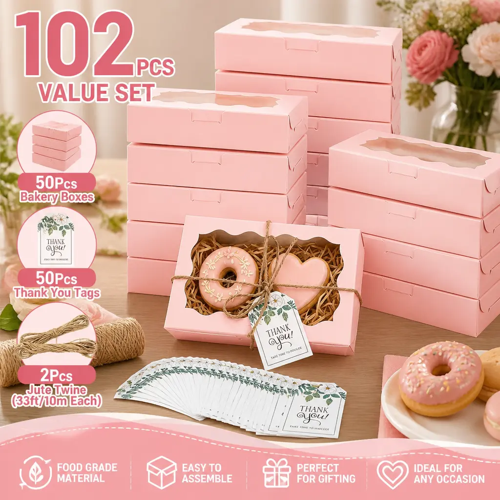 Durable Pink Kraft Paper Baking Window Boxes Set - 50 Pre-Folded 7x4.34x1.5in Boxes, 50 Tags, 2x10m Jute Twine Rolls for Anniversary Celebrations, Birthday Gifting, Cookies, Cupcakes Packaging, Gift Packaging