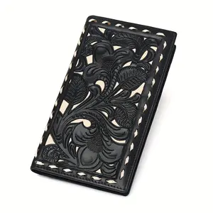 Authentic Vintage Floral Embossed Full Grain Leather Bifold Checkbook Cards Holder - Elegant Design, Multiple Card Slots, Durable, and Stylish Accessory