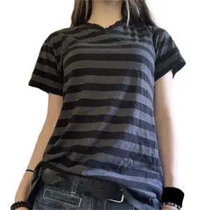 Women’s summer casual striped loose streetwear T-shirt/top, short sleeves, crew neck, available in blue and long sleeves GARMENTARY