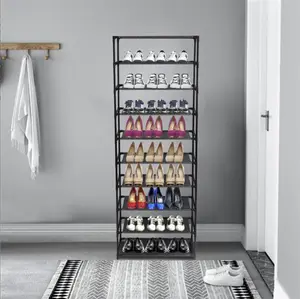 Modular Simple Shoe Rack Dust Cover | 10-Tier 30 Pairs High-Heel Shoe Rack | Black Tubes with Black Compartment Cloth organizer