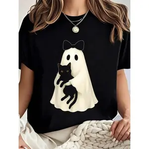 100 Cotton Spooky Ghost Holding Black Cat Halloween Coquette Bow Tshirt Women Graphic T Shirt Cotton Print Short Sleeve Casual Top, Summer Tee Womens Tops