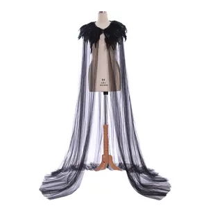 Creative Gothic Witch Shawl Crystal Feather Halloween Cloak Party Black Tulle Cape Kids