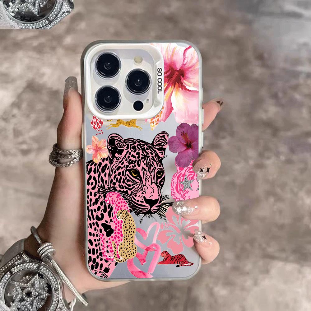 Leopard-print tiger and floral pattern design, full-coverage fashion phone case in colored silver. Compatible with Apple iPhone 17/16/15/14/13 Pro Max and Samsung Galaxy S25/24/23 Ultra series models.