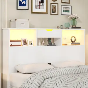 Headboard for Queen Size Bed with Storage Shelf and Drawers, Wood Deep Bookcase Headboards with Charging Station & LED Lights, Morden White Headboard with 2 Tier Storage