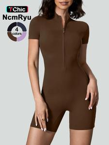 women's solid zipper mock neck sports romper, athletic summer clothes women, rompers for women, casual sporty activewear one-piece sports romper for yoga gym workout running exercise, tummy control, rompers for women, workout jumpsuit