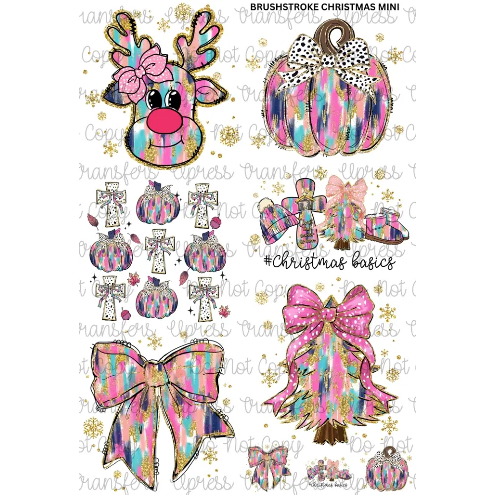 Brushstroke Christmas  Mini DTF Transfer Gang Sheet 24.5" Wide x 36" Long Direct To Film Trendy Vibrant Designs for Stylish Wardrobe