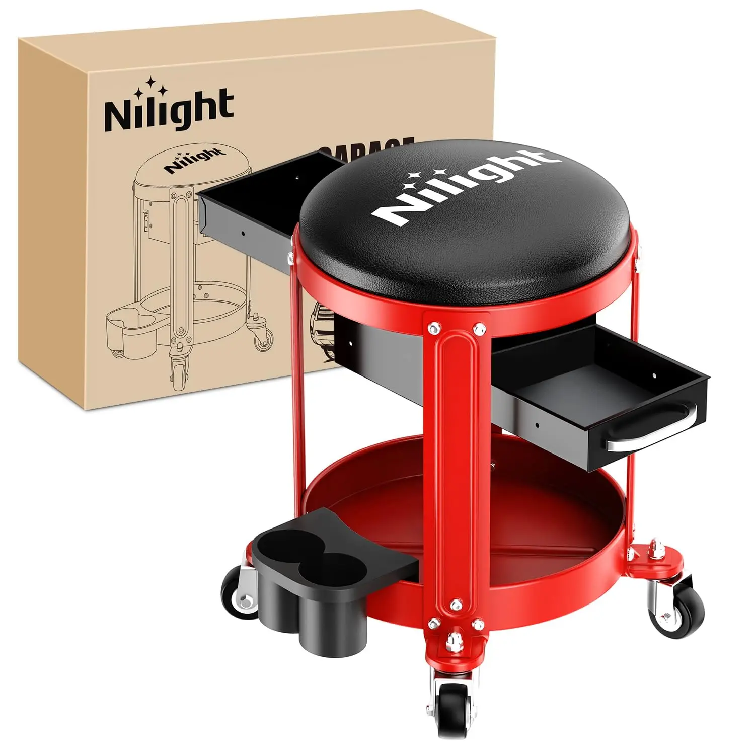 Nilight Rolling Mechanic Stool 300LBS Red Garage Seat with Dual Drawers | Tool Tray Cup Holders Removable Padded Seat Waterproof PU Leather 360 Degree Casters for Garage Shop Auto Repair